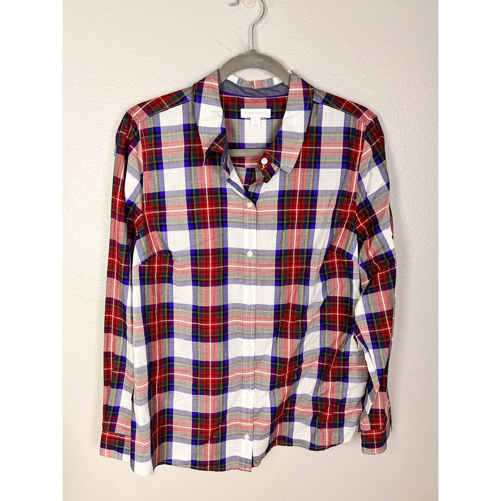 Charter Clube Womens Holiday Woven Button Up Blouse Large L NWT